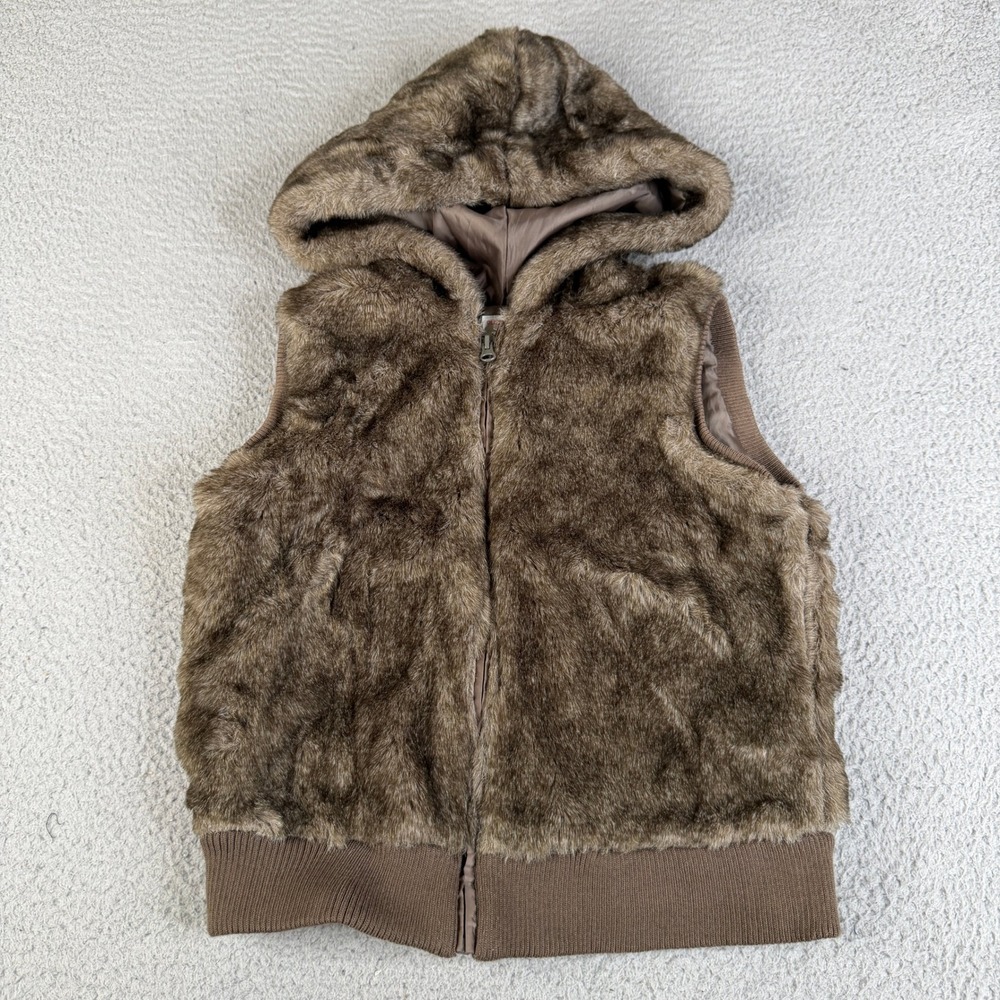 Old Navy Vest Girls XXL Brown Faux Fur Hooded Full Zip Ribbed Hem Sleeveless
